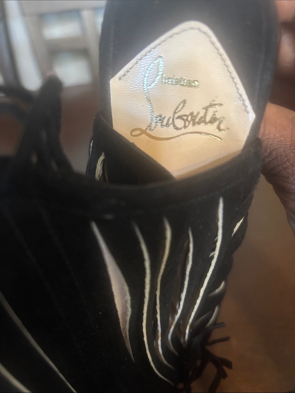 Christian Louboutin Black Suede Fringe Lace-Up Bootie with White Accents